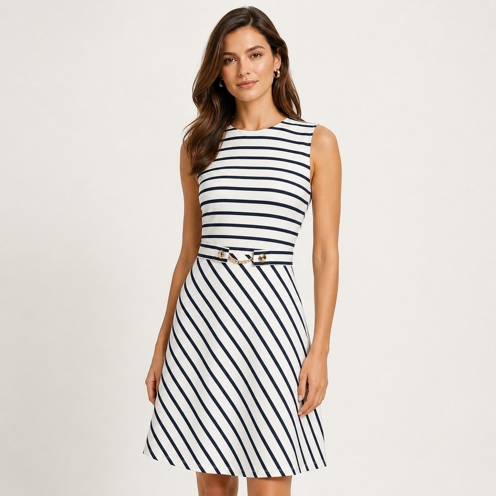 Ralph Lauren Striped Women's Dress 12 Ponte Nautical Preppy Gold Logo Old Money